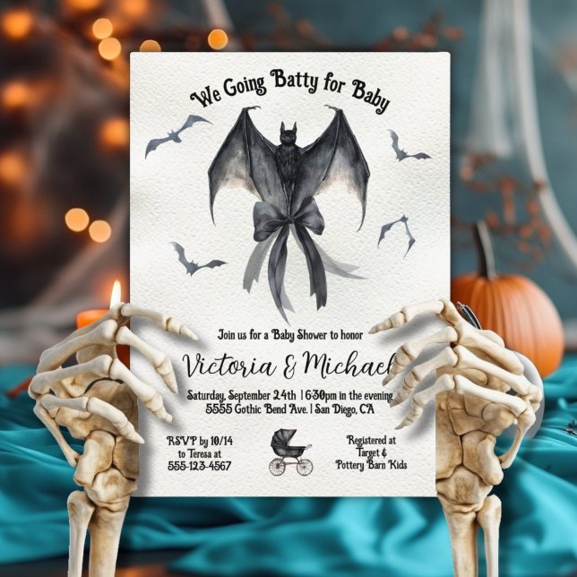 Goth Halloween Bat Black Bow Baby Shower Invitation (Creator Uploaded)