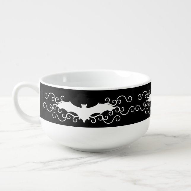 Goth Halloween bat design black and white Soup Mug (Right)