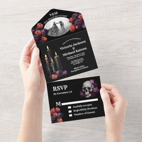 Goth Halloween Black Floral Wedding Photo All In One Invitation