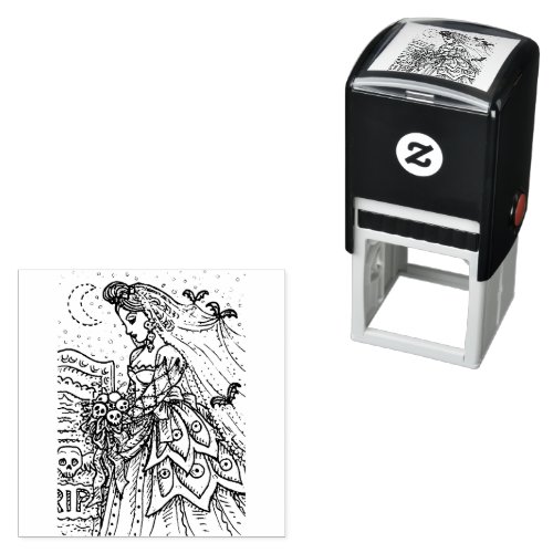 GOTH HALLOWEEN BRIDE BAT VEIL BOUQUET OF SKULLS SELF_INKING STAMP