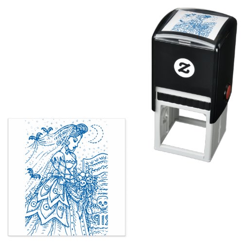 GOTH HALLOWEEN BRIDE BAT VEIL BOUQUET OF SKULLS SELF_INKING STAMP