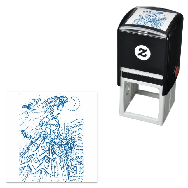 GOTH HALLOWEEN BRIDE, BAT VEIL, BOUQUET OF SKULLS SELF-INKING STAMP (In Situ)
