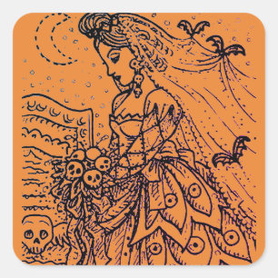GOTH HALLOWEEN BRIDE, BATS, VEIL, SKULL BOUQUET SQUARE STICKER
