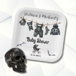 Goth Halloween Clothesline Baby Shower Paper Plates<br><div class="desc">Watercolor Gothic Baby Shower clothesline with goth baby clothes, overalls, black teddy bear, diapers and a creepy baby stroller, with skull and spider accents. You can change the wording to fit your needs.This one is for a Baby Shower, but you can change the wording to fit your needs. To make...</div>