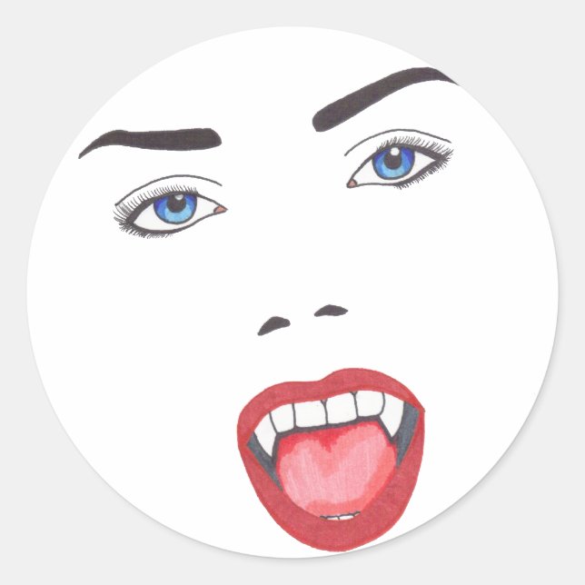 Goth Halloween Fangs Vampire Woman Face Classic Round Sticker (Front)