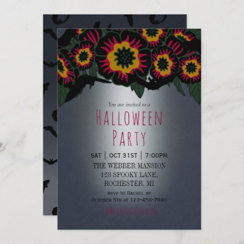 Goth halloween party invitation w bats and flowers