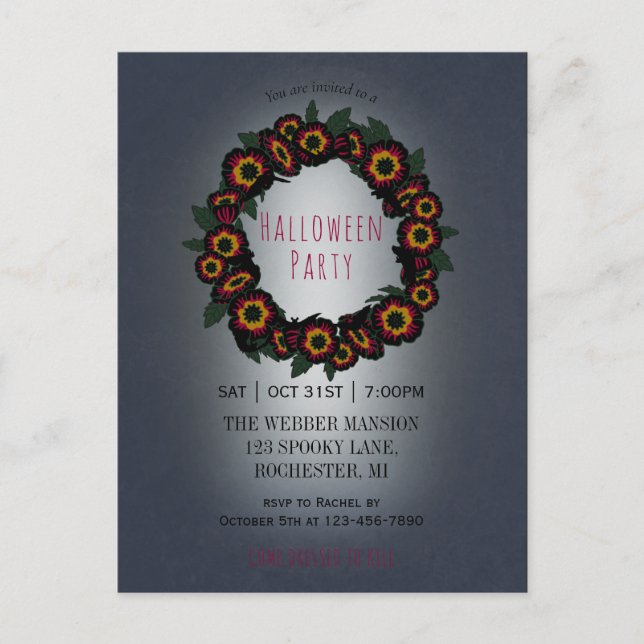 Goth halloween party invitation w bats and flowers postcard (Front)