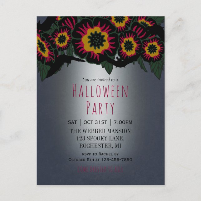 Goth halloween party invitation w bats and flowers postcard (Front)