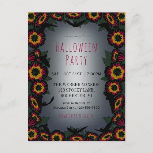 Goth halloween party invitation w flowers and bats postcard