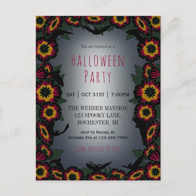 Goth halloween party invitation w flowers and bats postcard (Front)