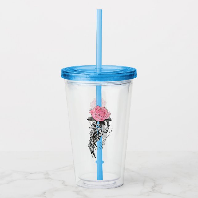 Goth Hand Skeleton With Pink Rose | Dead Inside Acrylic Tumbler (Front)