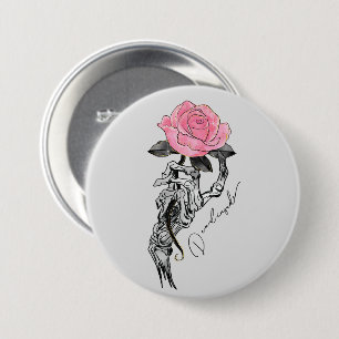 Goth Hand Skeleton With Pink Rose   Dead Inside Button