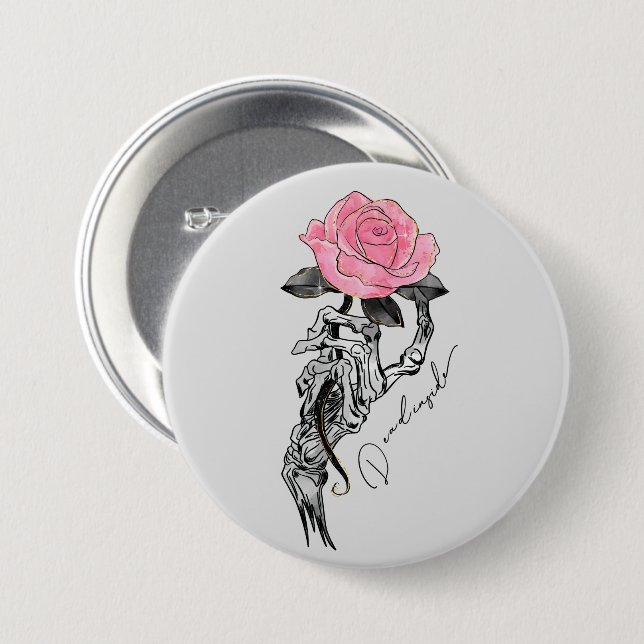 Goth Hand Skeleton With Pink Rose | Dead Inside Button (Front & Back)