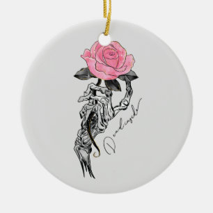 Goth Hand Skeleton With Pink Rose   Dead Inside Ceramic Ornament