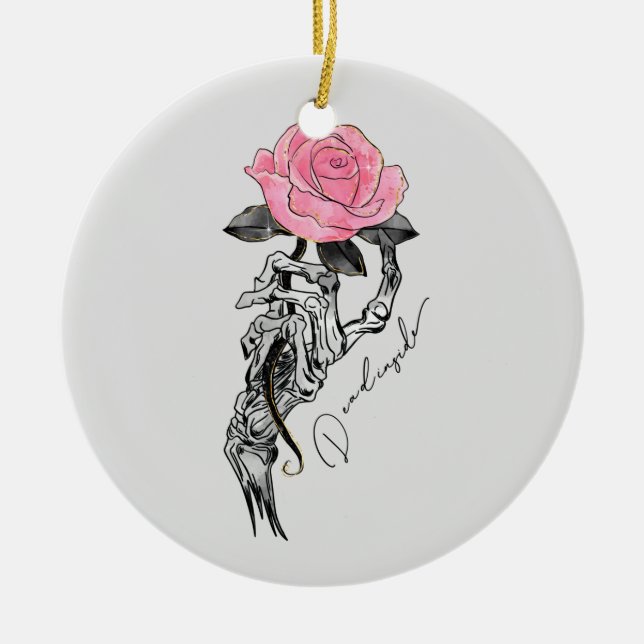 Goth Hand Skeleton With Pink Rose | Dead Inside Ceramic Ornament (Front)