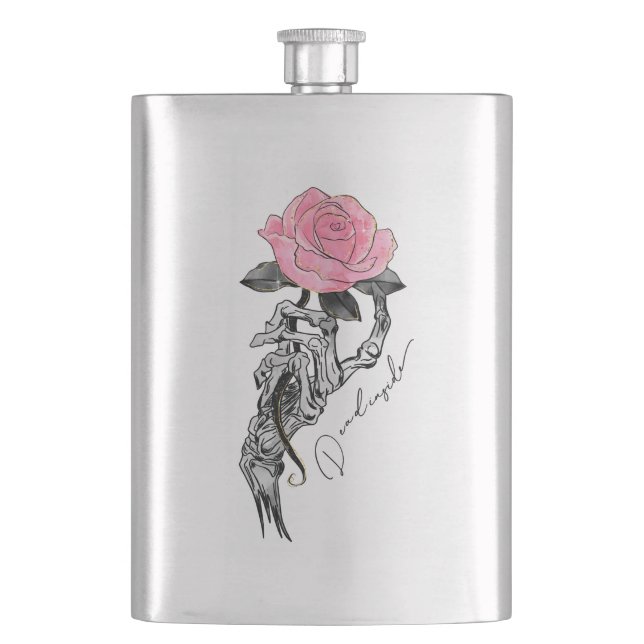Goth Hand Skeleton With Pink Rose | Dead Inside Flask (Front)