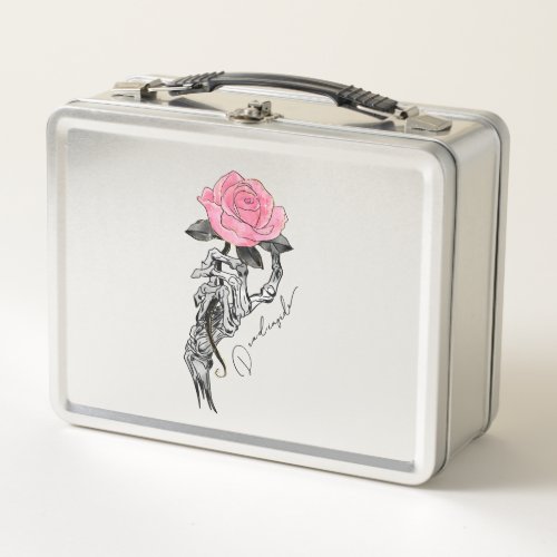Goth Hand Skeleton With Pink Rose  Dead Inside Metal Lunch Box