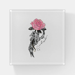 Goth Hand Skeleton With Pink Rose   Dead Inside Paperweight