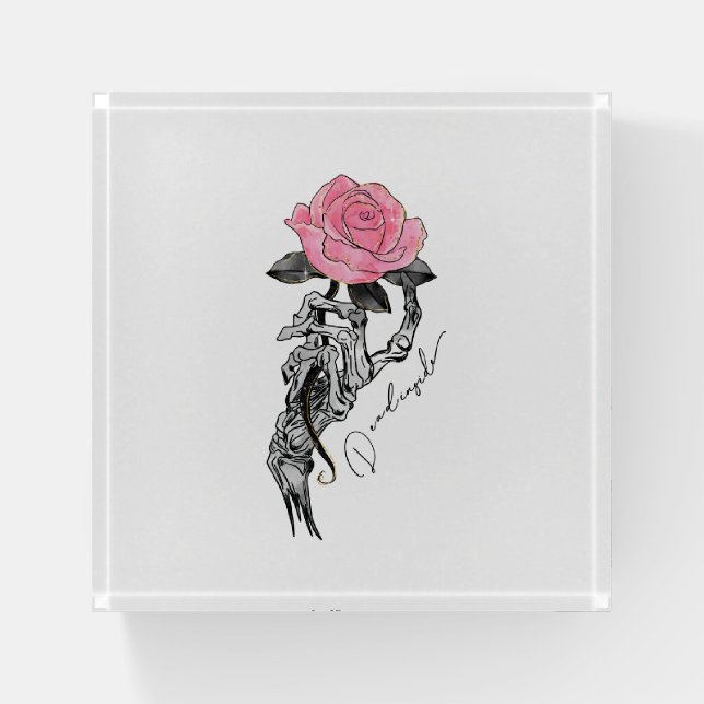 Goth Hand Skeleton With Pink Rose | Dead Inside Paperweight (Front)