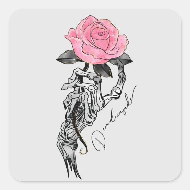 Goth Hand Skeleton With Pink Rose | Dead Inside Square Sticker (Front)