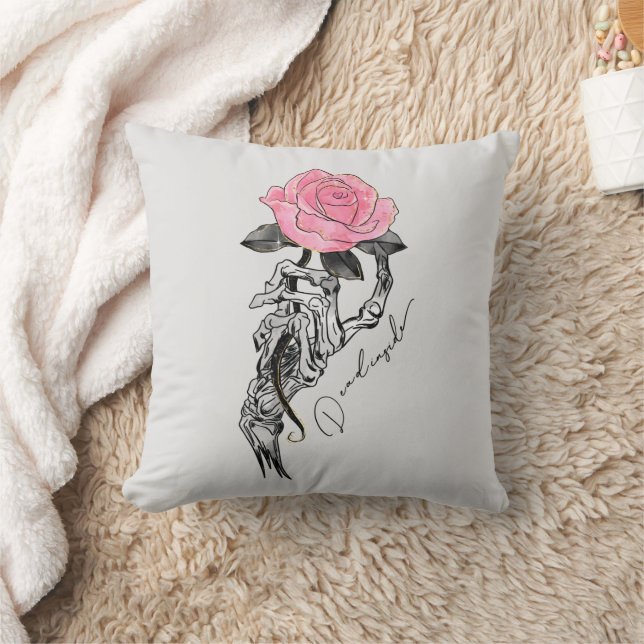 Goth Hand Skeleton With Pink Rose | Dead Inside Throw Pillow (Blanket)