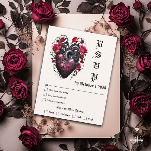 Goth Heart and Roses Crimson Cherry  RSVP Card