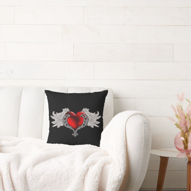 Goth Heart with Angel Wings Throw Pillow (Couch)