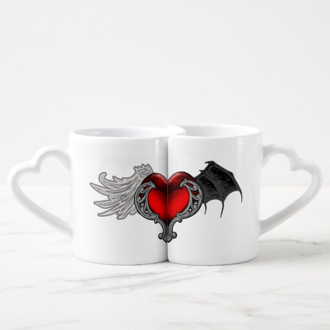 Goth Heart with Bat Wings,Angel Wings Lover's Mug (Front Nesting)
