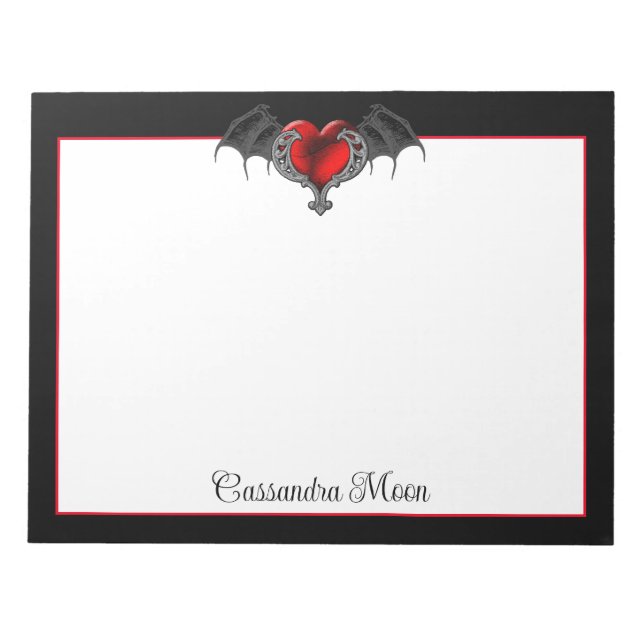 Goth Heart with Bat Wings Personalized Notepad (Front)