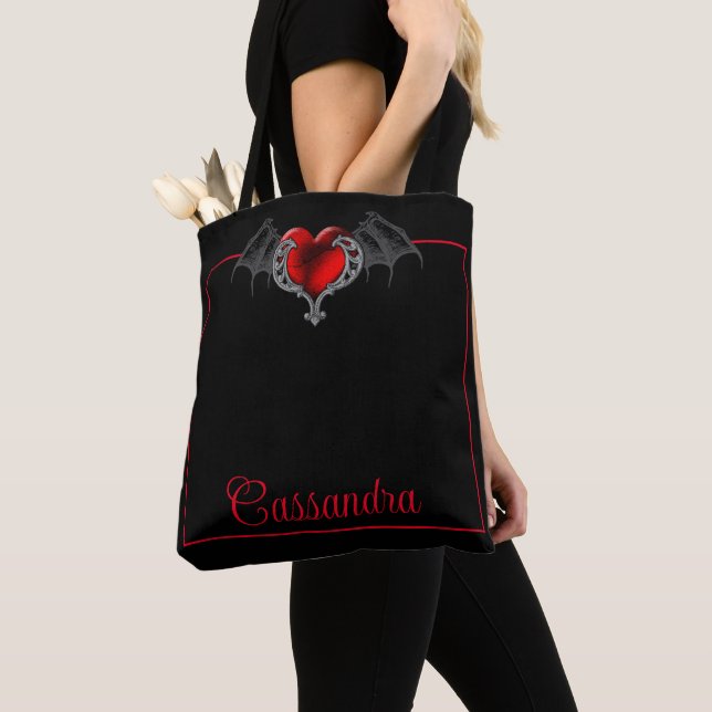 Goth Heart with Bat Wings Personalized Tote Bag (Close Up)