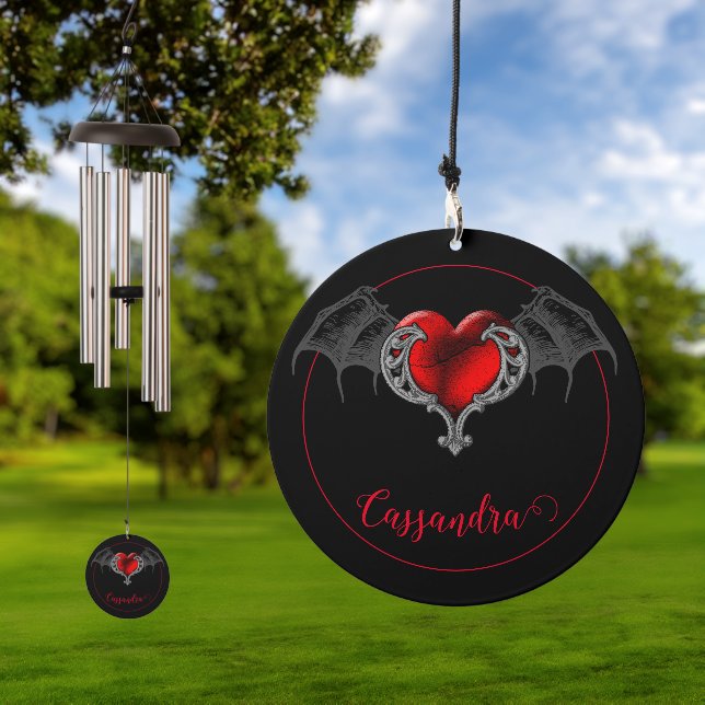 Goth Heart with Bat Wings Personalized Wind Chime (Outdoor)