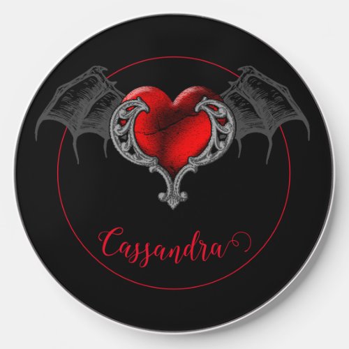 Goth Heart with Bat Wings Personalized  Wireless Charger