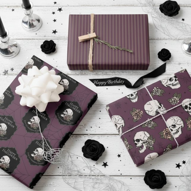 Goth Maroon Purple Skulls and Stripes Halloween  Wrapping Paper Sheets (Gothic Gift Wrap in Maroon Purple For Her. Vintage Floral Skulls Roses Pattern. Halloween Birthday)