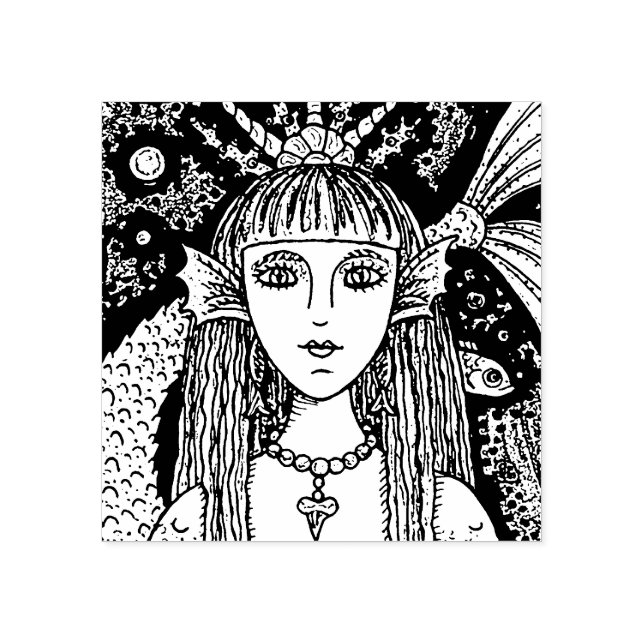 GOTH MERMAID, BLACK SEA SIREN FANTASY WHIMSY, FISH RUBBER STAMP (Imprint)