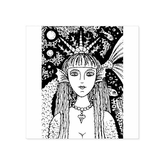 GOTH MERMAID, BLACK SEA SIREN FANTASY WHIMSY, FISH RUBBER STAMP (Imprint)
