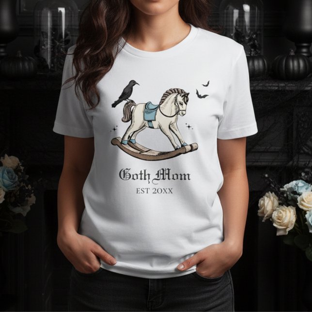 Goth Mom Blue Victorian Rocking Horse Tri-Blend Shirt (Goth Mom T-Shirt for Gothic Mother to Be. Victorian Rocking Horse, Black Raven, Bats for Halloween )