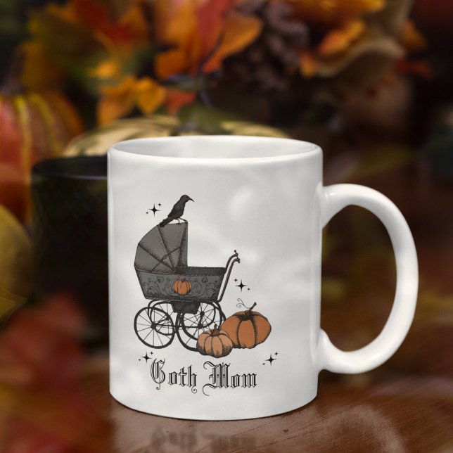 Goth Mom Halloween Baby Carriage Raven Coffee Mug (Goth MomFall Baby Shower Mug. Elegant Vintage Stroller, Burnt Orange Autumn Pumpkins & Black Crow.)