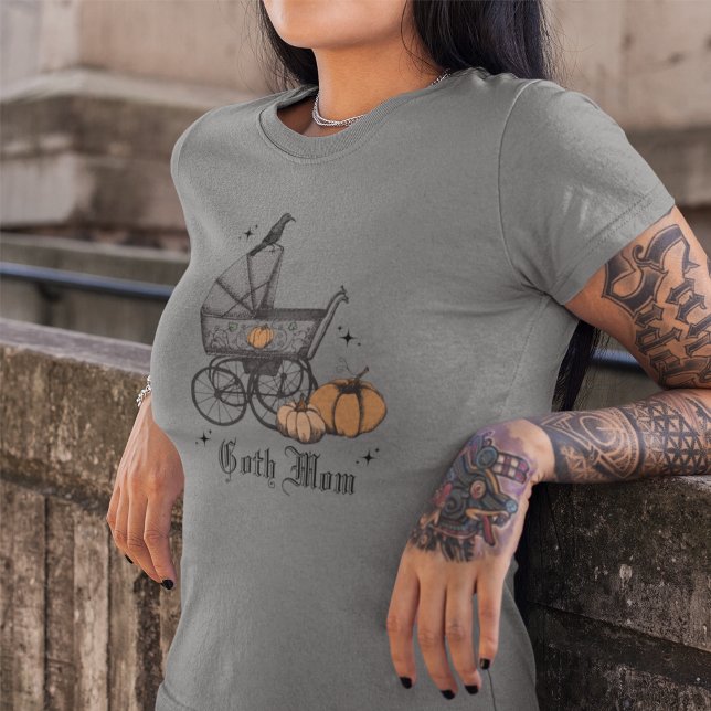 Goth Mom Halloween Fall Baby Shower Mother To Be Tri-Blend Shirt (Goth Mom Gray T-Shirt. Gothic Baby Shower Gift. Hand Drawn Victorian Baby Carriage, Raven, Pumpkins)
