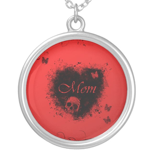 Goth Mom in Heart with Skull Red and Black Silver Plated Necklace (Front)