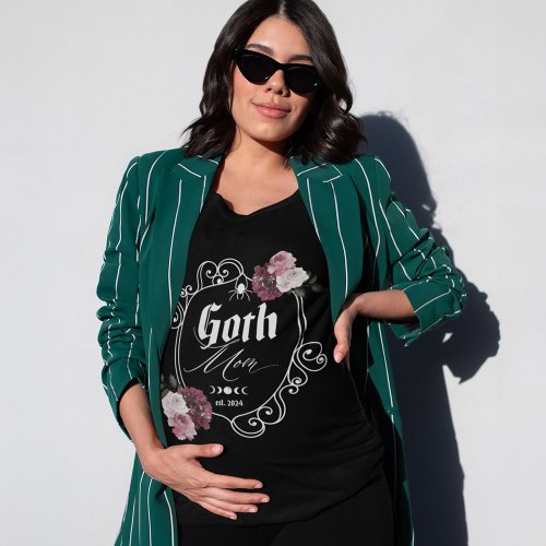 Goth Mom Pregnancy Announcement Floral Crest T_Shirt