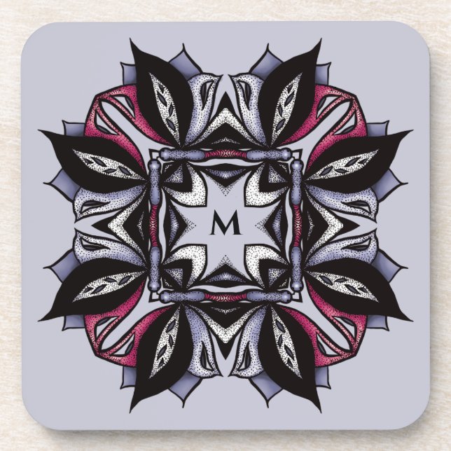 Goth Monogram Black Purple Gothic Mandala Beverage Coaster (Front)