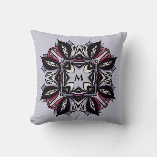 Goth Monogram Black Purple Gothic Mandala Throw Pillow (Front)