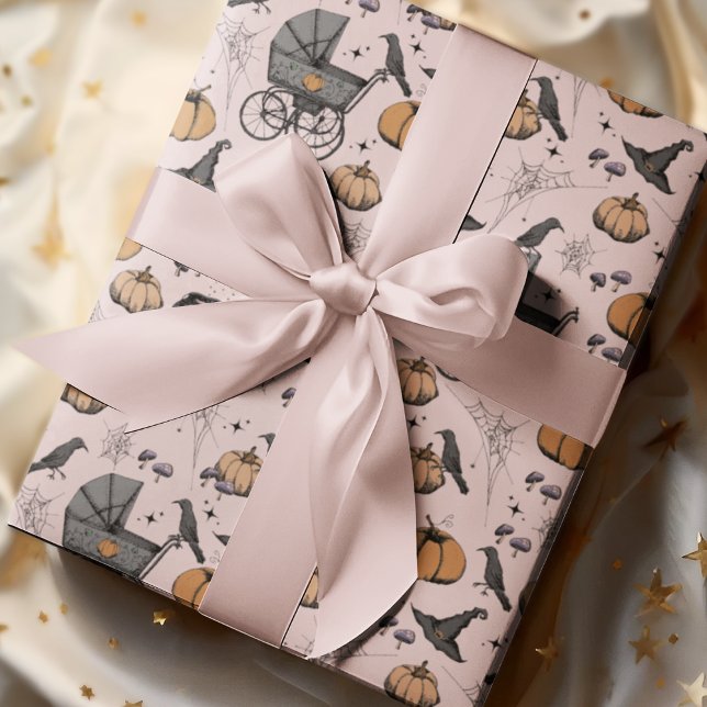 Goth Pink Baby Carriage Halloween Wrapping Paper (Pink Spooky yet Elegant Victorian Baby Carriage Halloween Wrapping Paper. Hand-Drawn in Black Ink.)