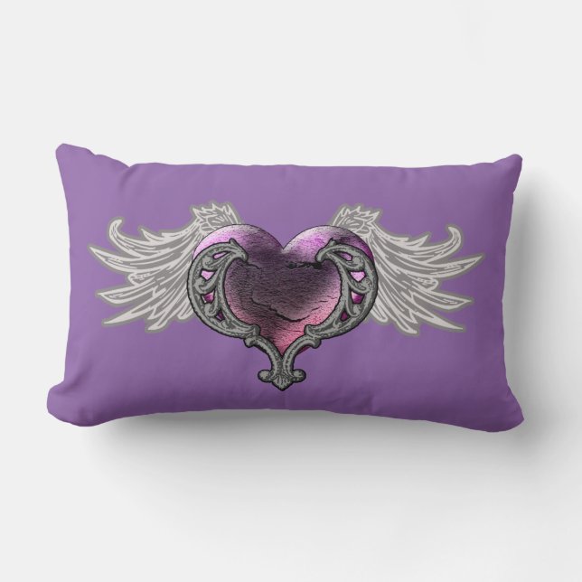 Goth Pink Heart with Angel Wings Throw Pillow (Front)