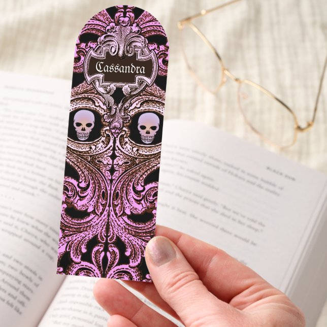 Goth Pink Ornament with Skull Personalized Bookmarks (Hand)