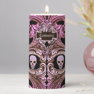 Goth Pink Ornament with Skull Personalized Pillar Candle