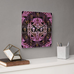 Goth Pink Ornament with Skull Square Wall Clock