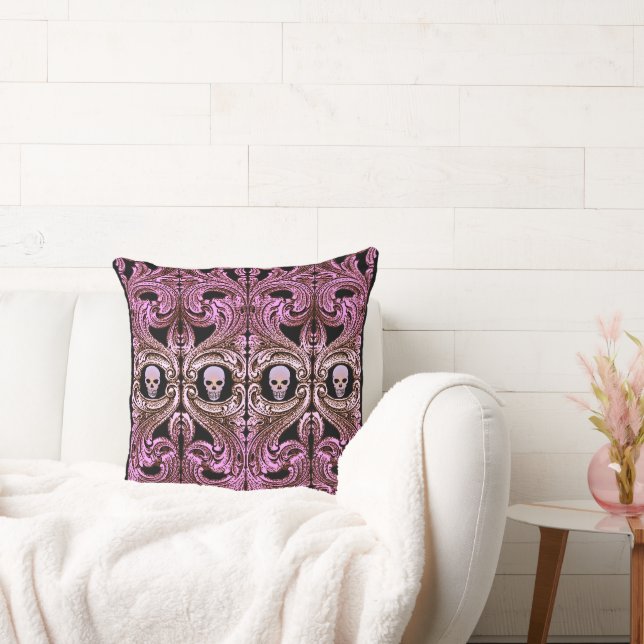 Goth Pink Ornament with Skull Throw Pillow (Couch)
