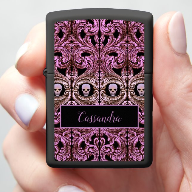 Goth Pink Ornament with Skull Zippo Lighter (In Hand)