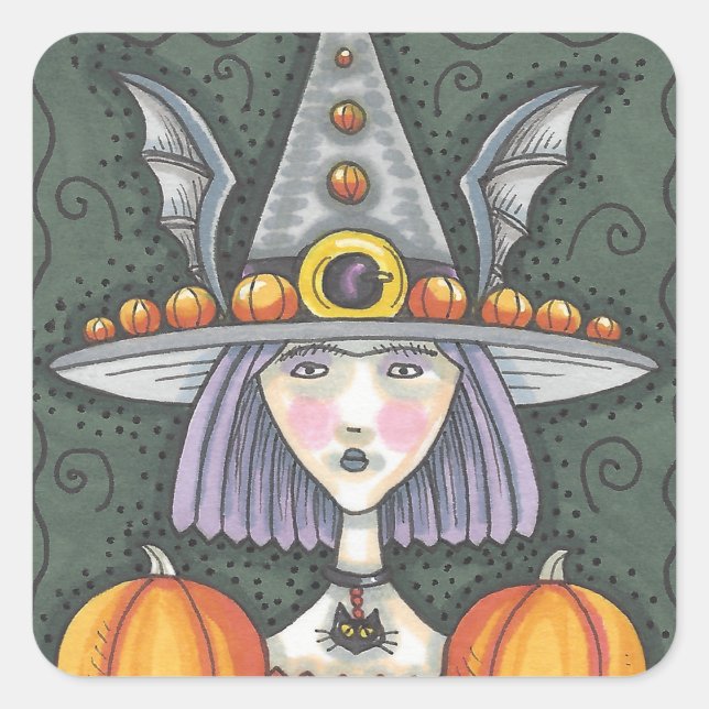 GOTH PUMPKIN WITCH HALLOWEEN STICKERS SHEET Squ (Front)